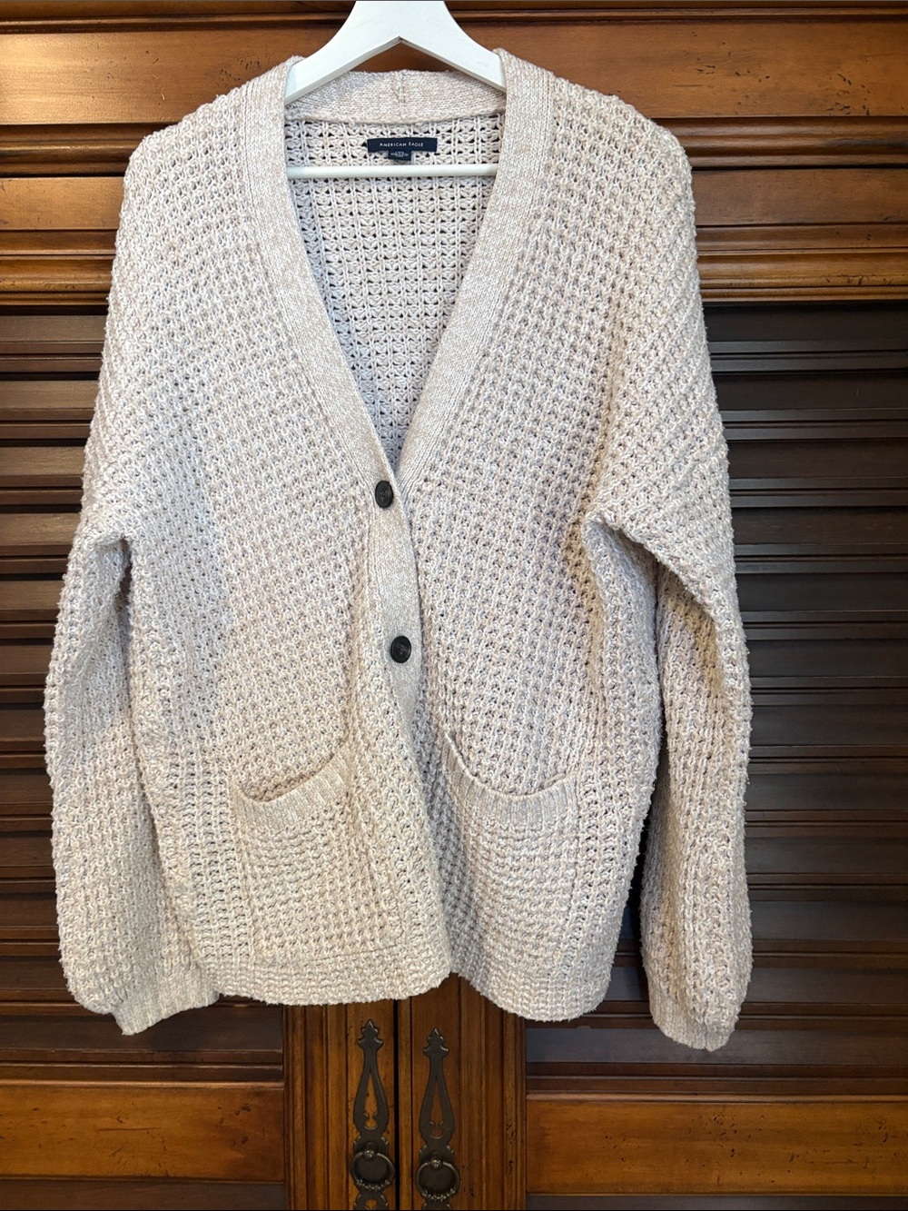 American Eagle Outfitters Cream Waffle Knit Button-Up Cardigan